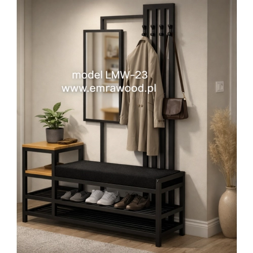 Ławka Do Przedpokoju Z Wieszakiem I Lustrem Metalowa Siedzisko Tapicerowane Czarny Stal LMW-23